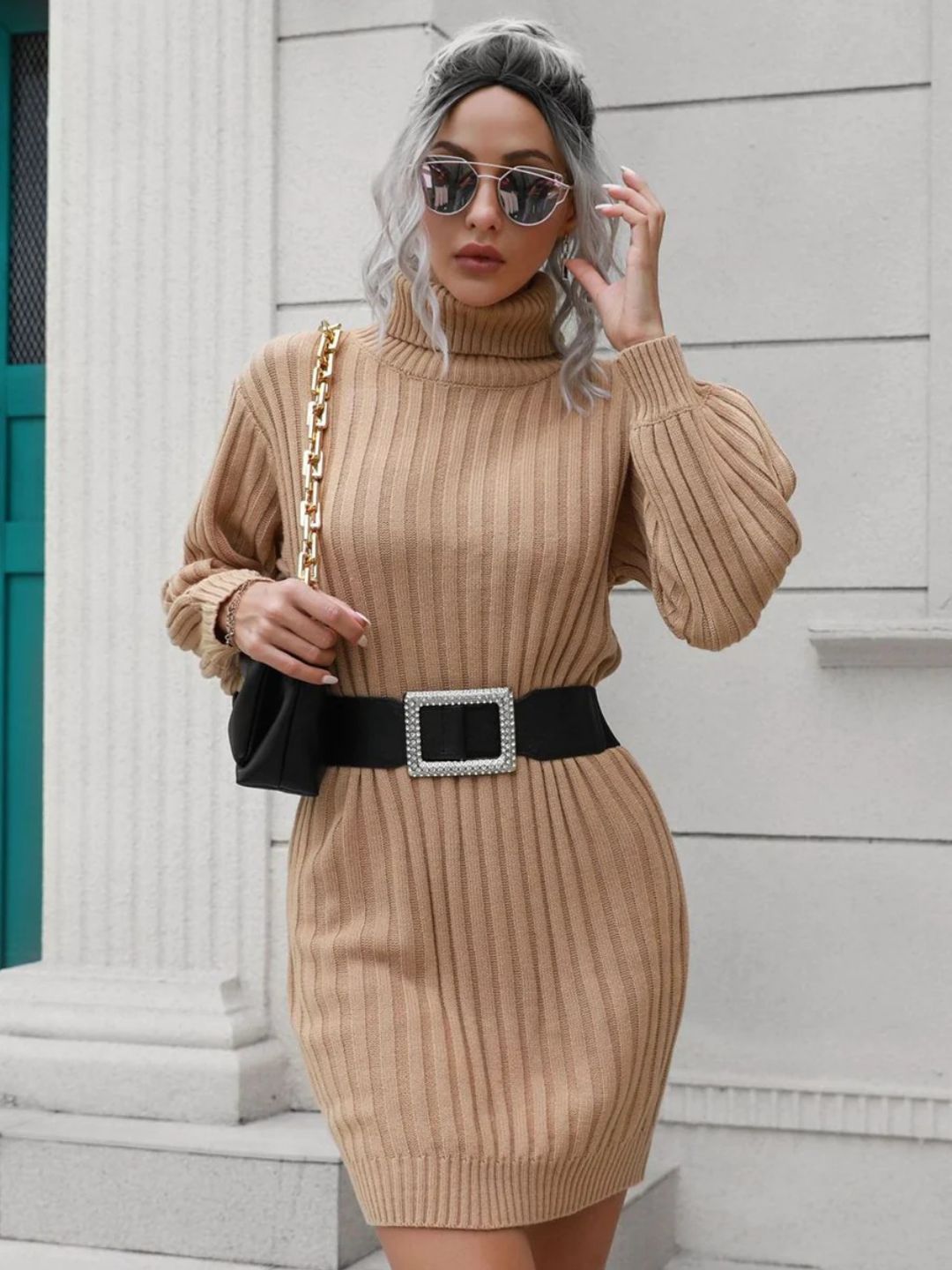 Knitted Turtle Neck Sweater Dress