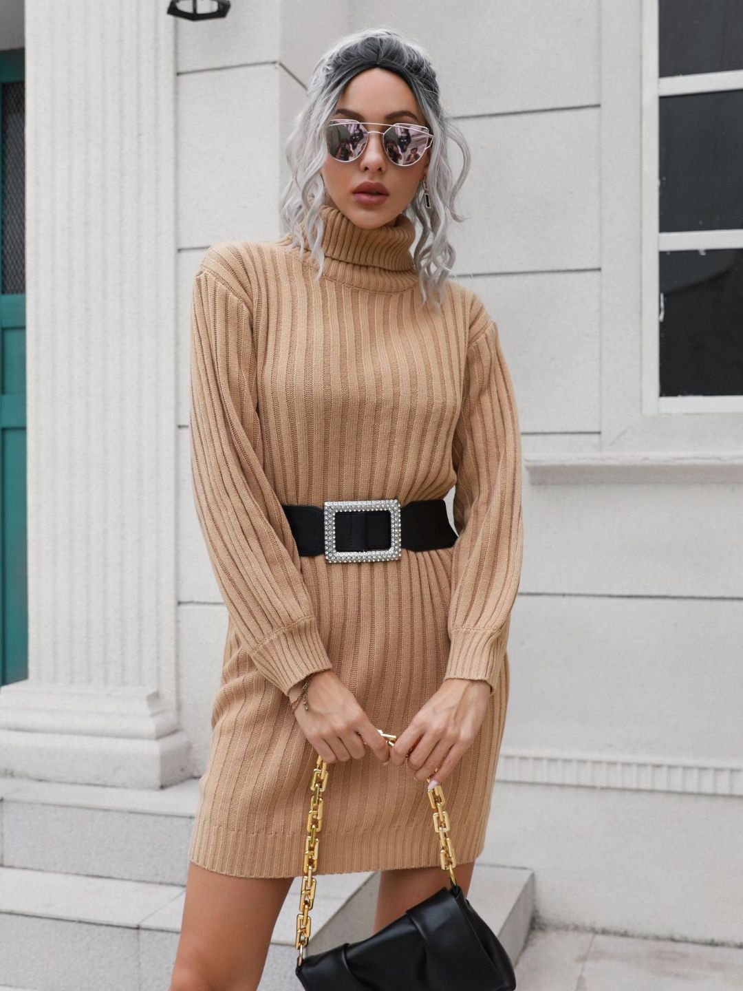 Knitted Turtle Neck Sweater Dress