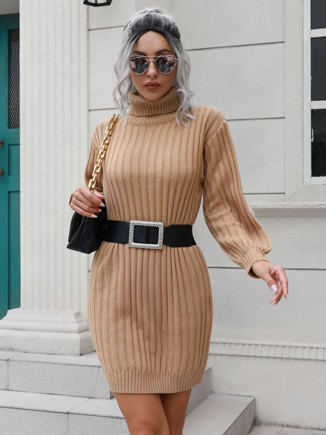 Knitted Turtle Neck Sweater Dress