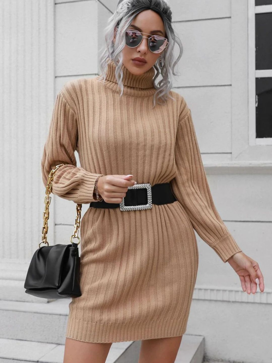 Knitted Turtle Neck Sweater Dress