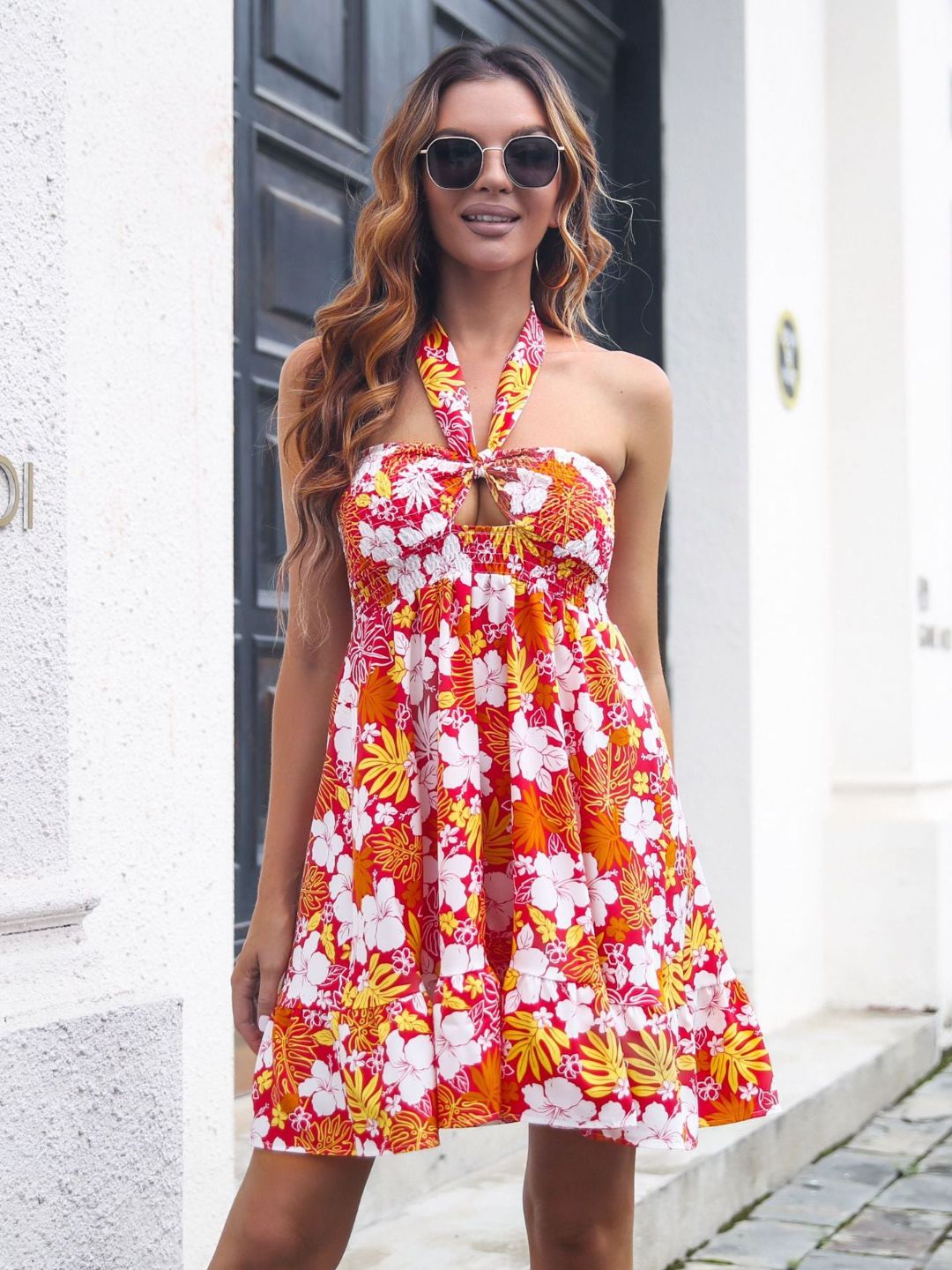 Floral Halter Neck Backless Ruffled Resort Style Dress