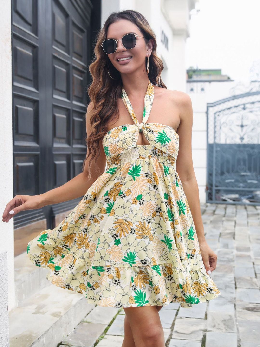Floral Halter Neck Backless Ruffled Resort Style Dress