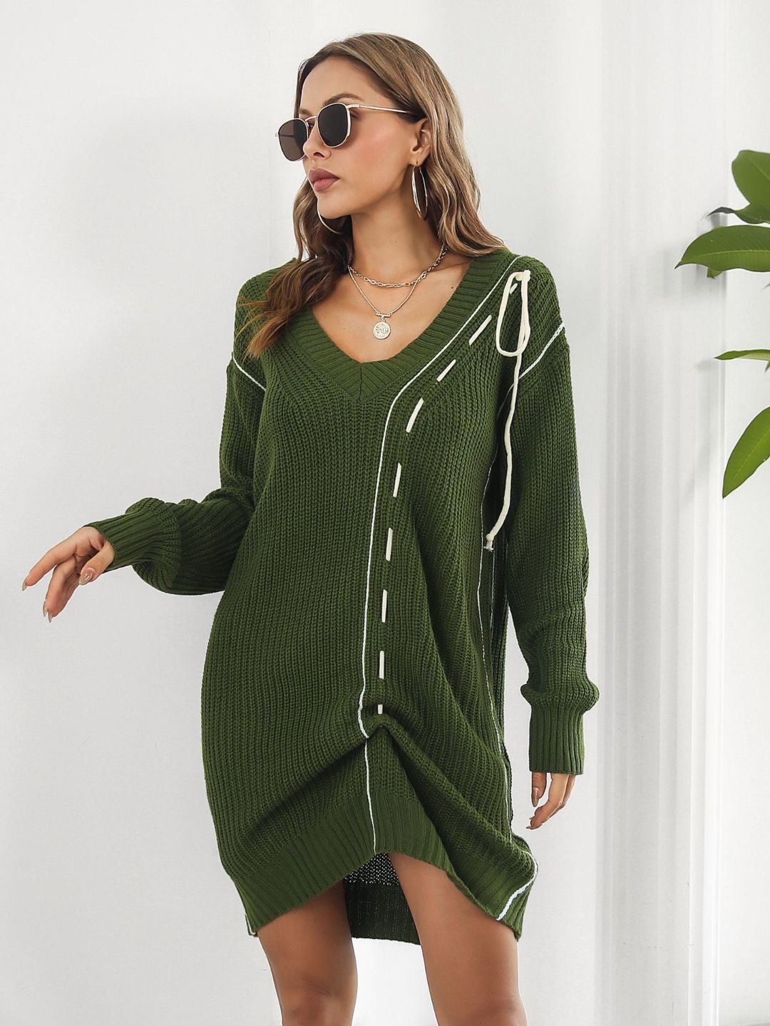 Designed Drawstring V-Neck Long Sleeves Sweater Dress