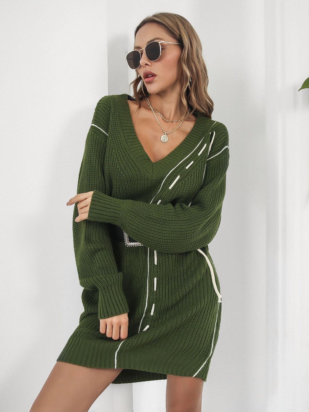 Designed Drawstring V-Neck Long Sleeves Sweater Dress