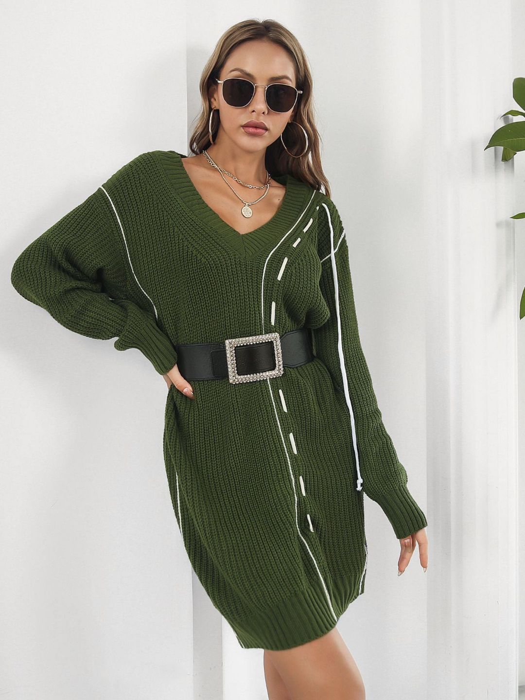 Designed Drawstring V-Neck Long Sleeves Sweater Dress