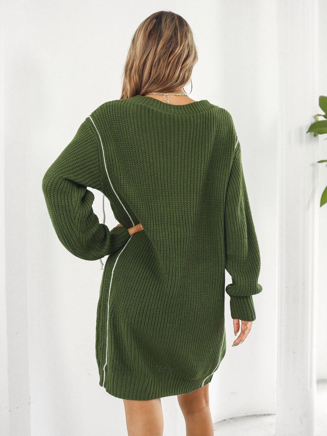 Designed Drawstring V-Neck Long Sleeves Sweater Dress