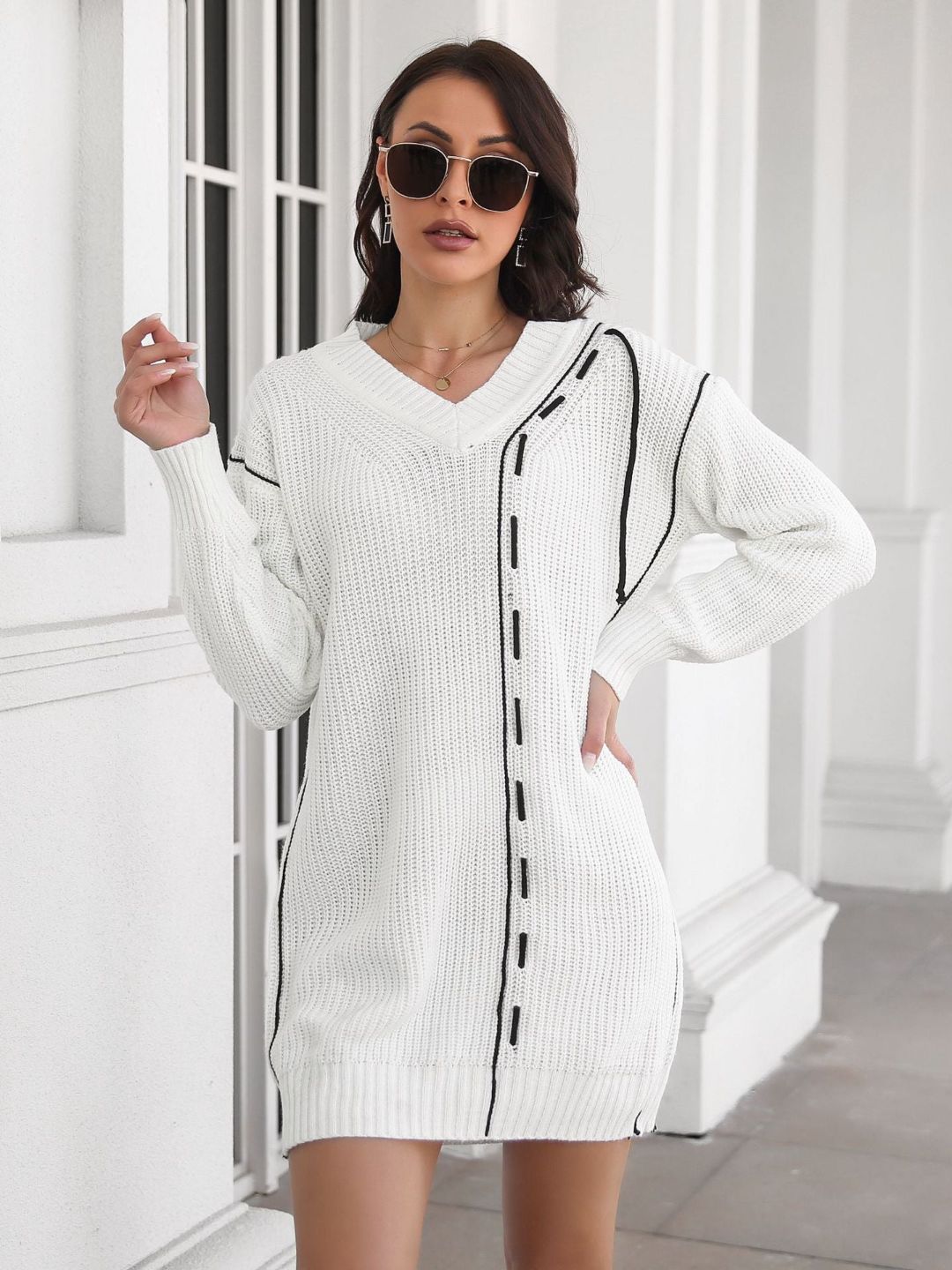 Designed Drawstring V-Neck Long Sleeves Sweater Dress