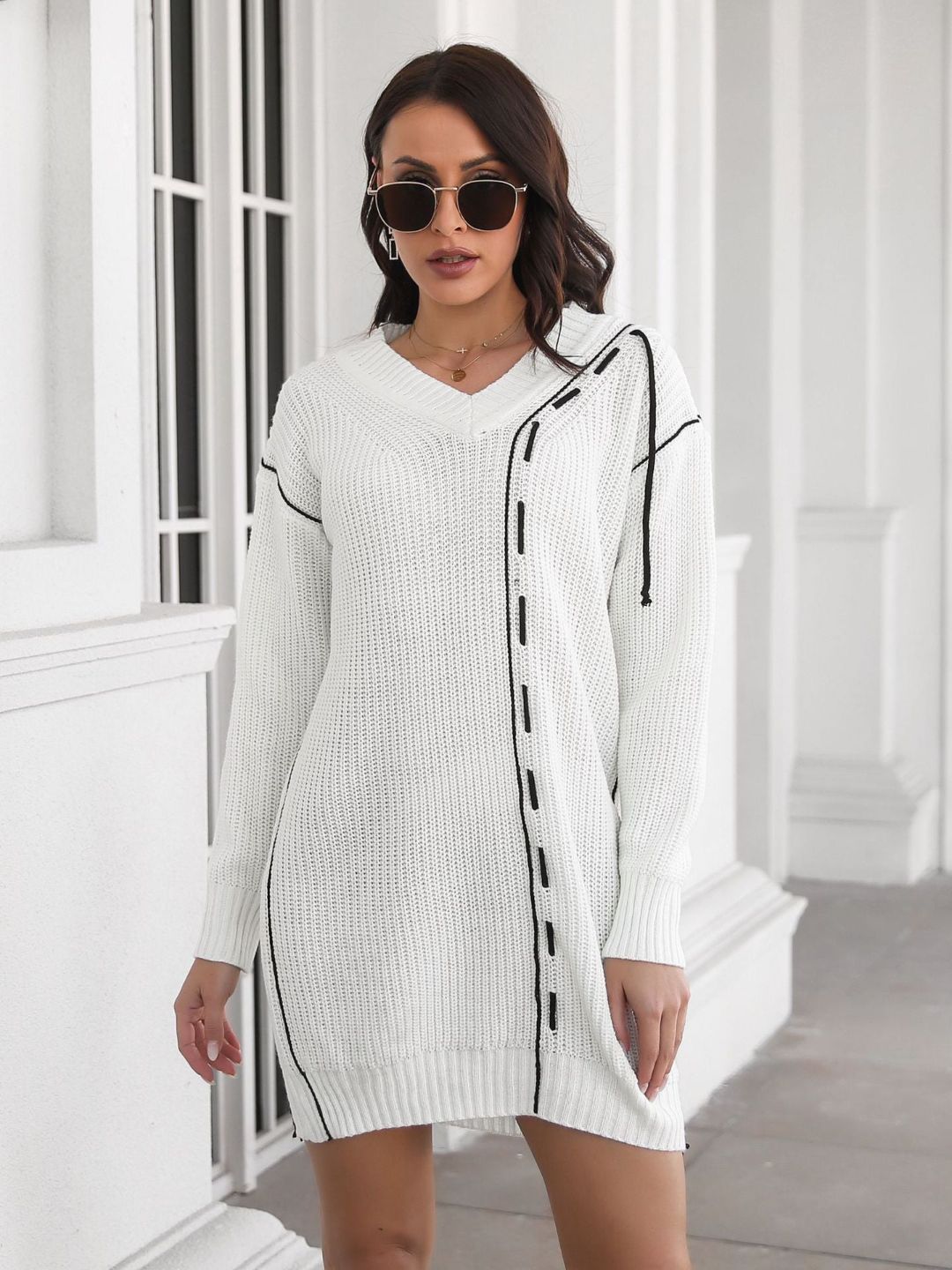 Designed Drawstring V-Neck Long Sleeves Sweater Dress