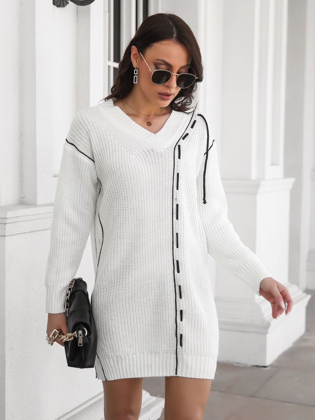 Designed Drawstring V-Neck Long Sleeves Sweater Dress