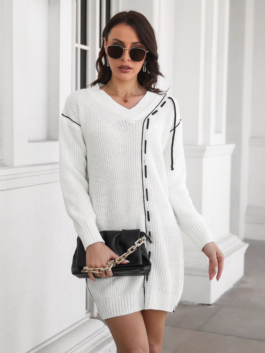 Designed Drawstring V-Neck Long Sleeves Sweater Dress