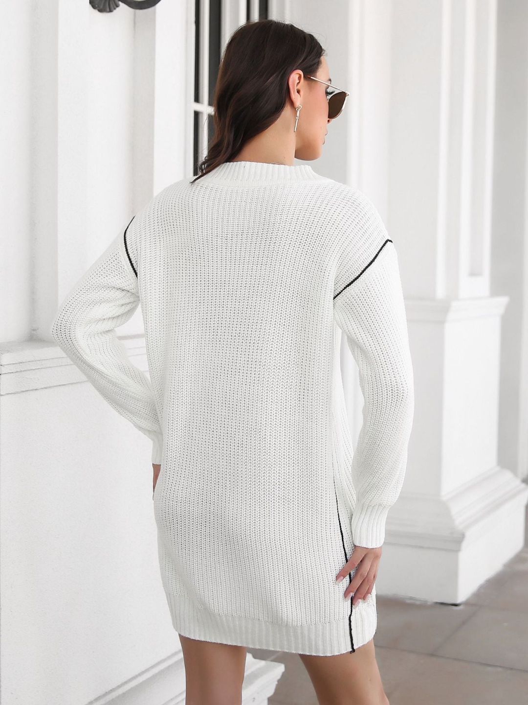 Designed Drawstring V-Neck Long Sleeves Sweater Dress