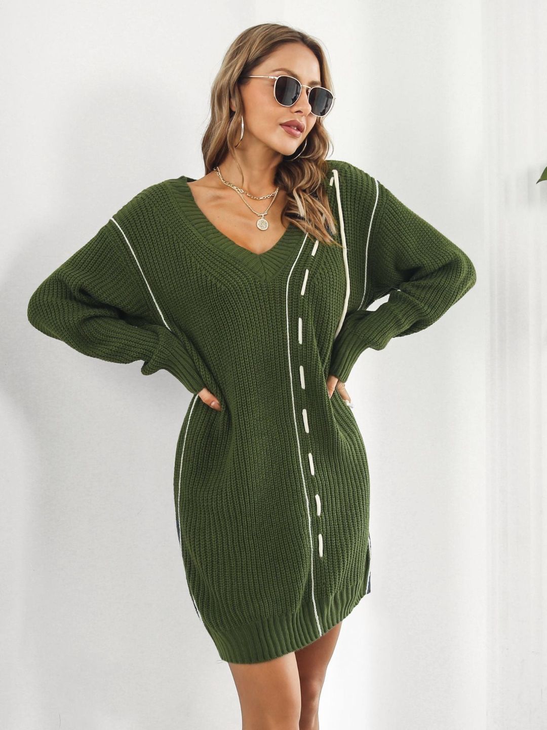 Designed Drawstring V-Neck Long Sleeves Sweater Dress