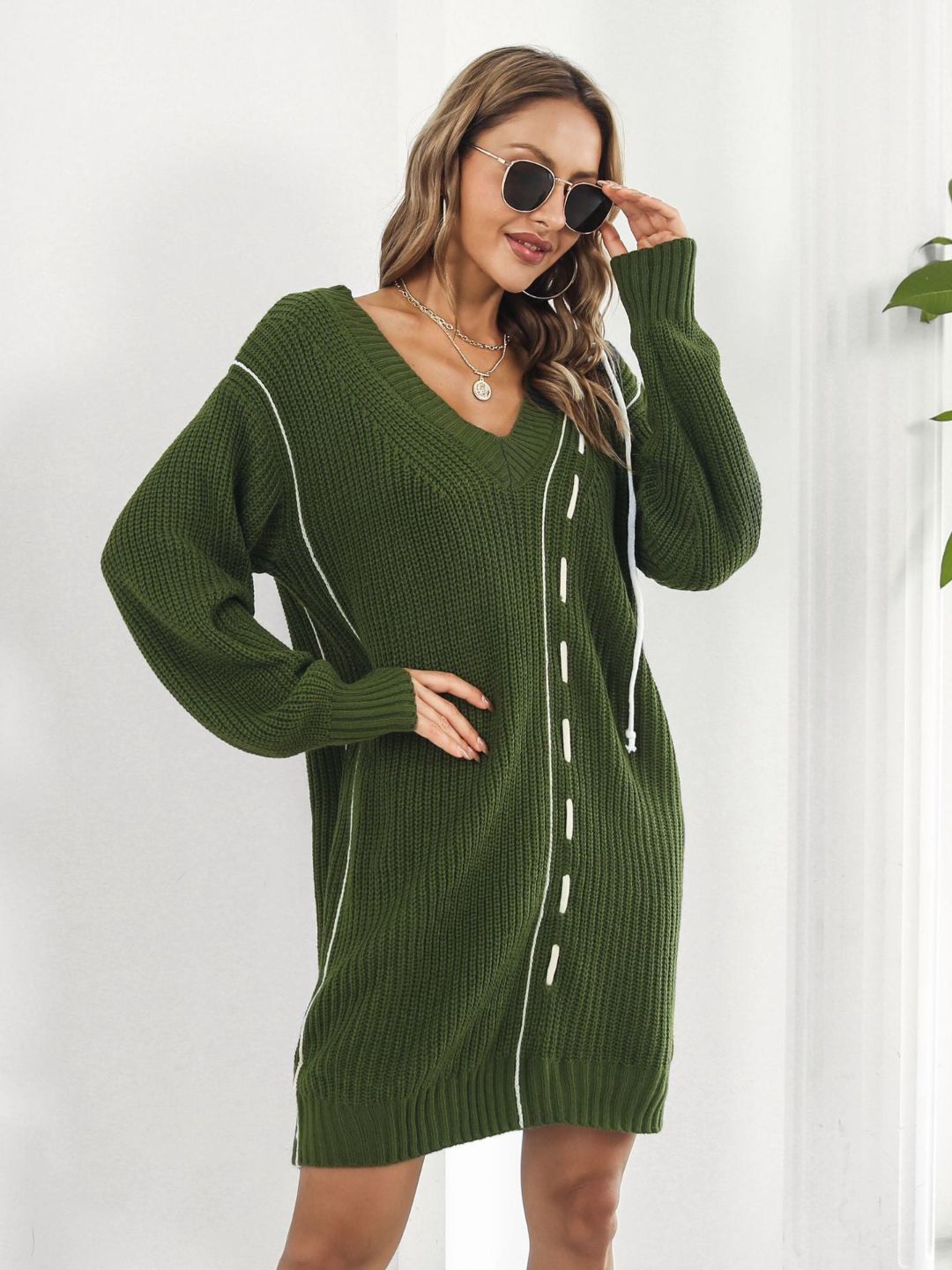 Designed Drawstring V-Neck Long Sleeves Sweater Dress