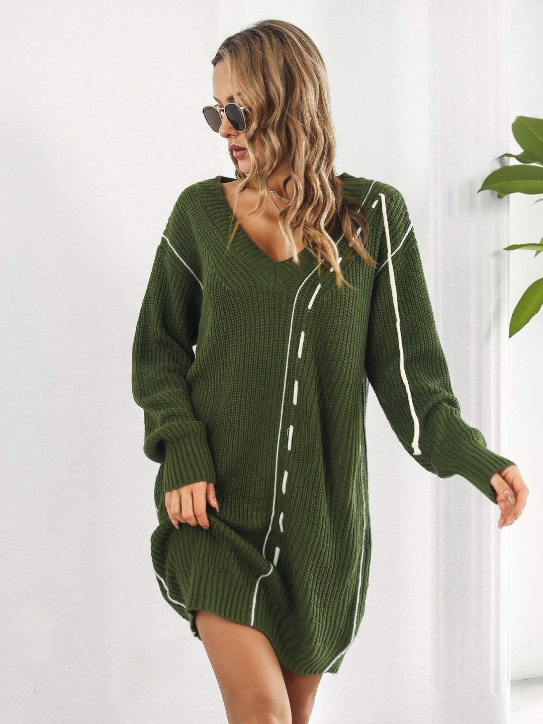 Designed Drawstring V-Neck Long Sleeves Sweater Dress