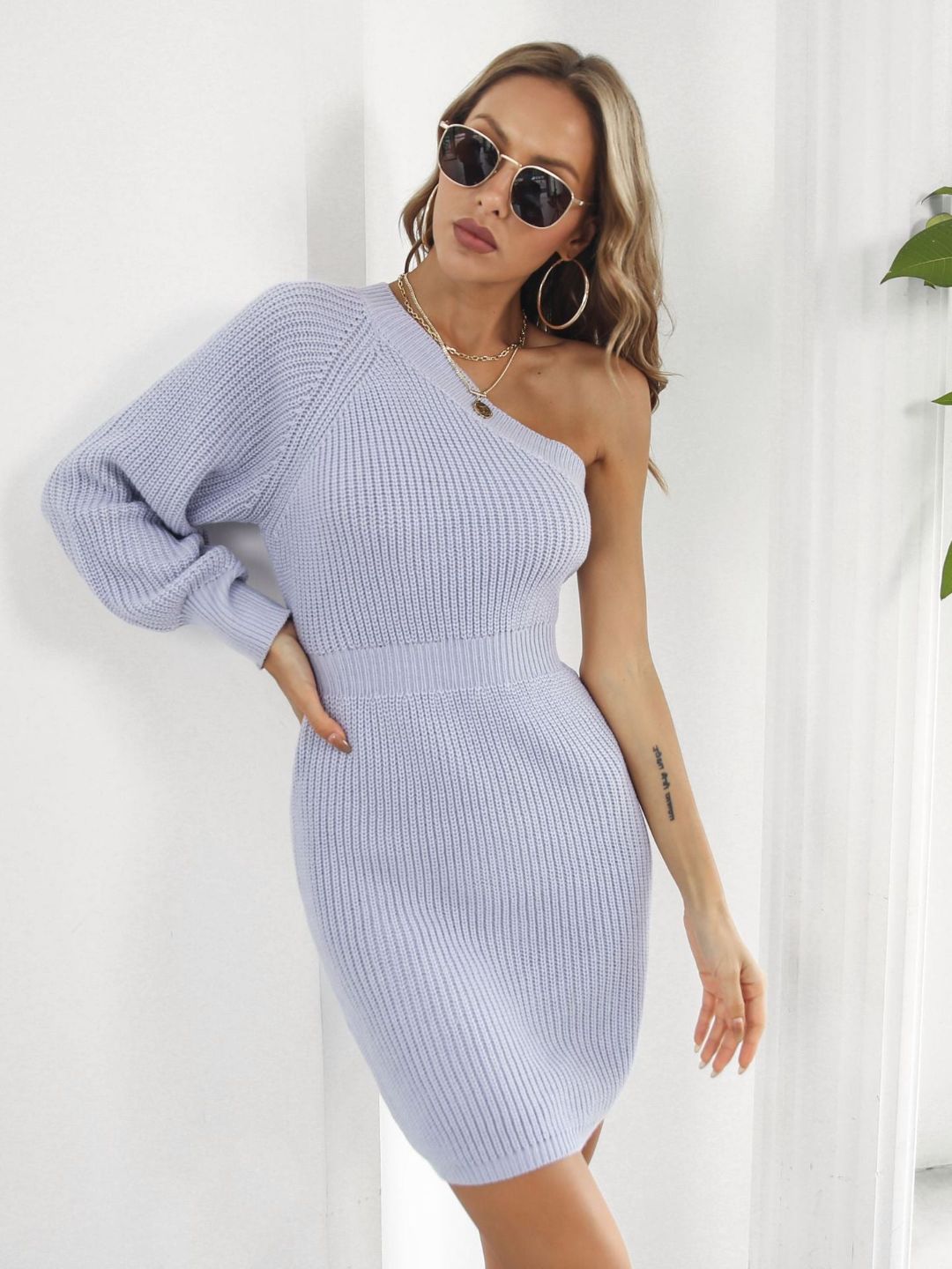 One Shoulder Long Sleeves Sweater Dress