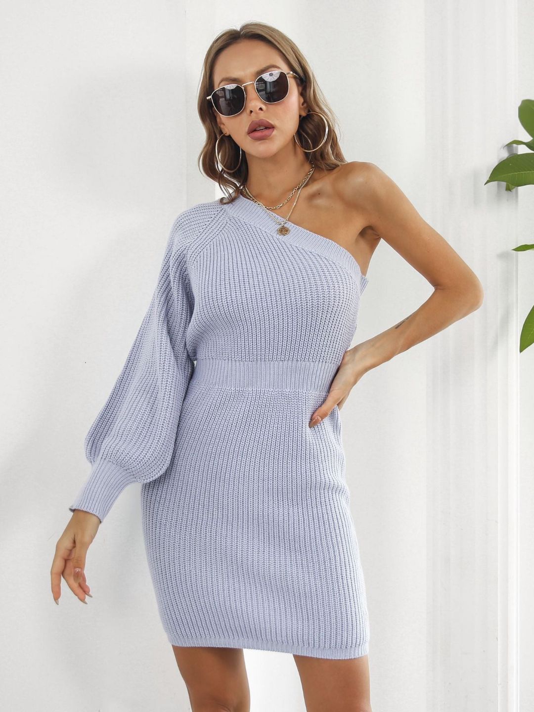 One Shoulder Long Sleeves Sweater Dress