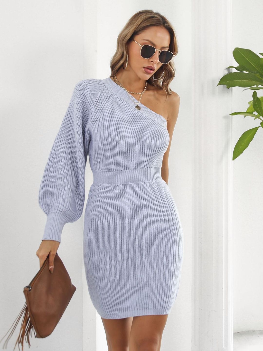 One Shoulder Long Sleeves Sweater Dress