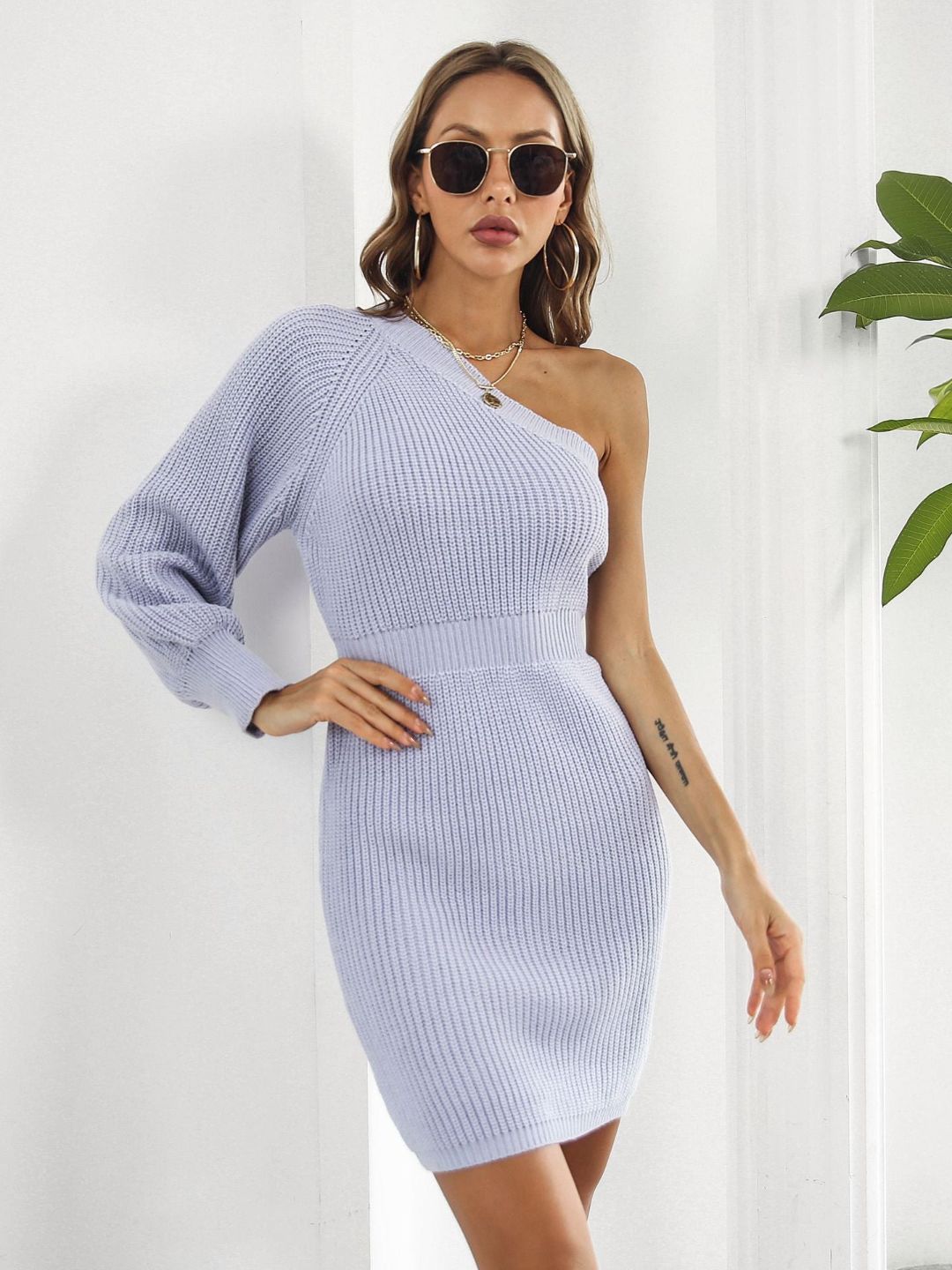One Shoulder Long Sleeves Sweater Dress