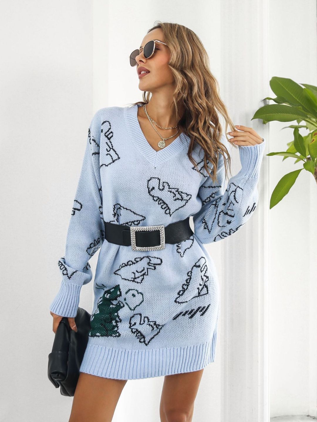 Cute Dinosaur Cartoon Jacquard V-Neck Long Sleeves Sweater Dress