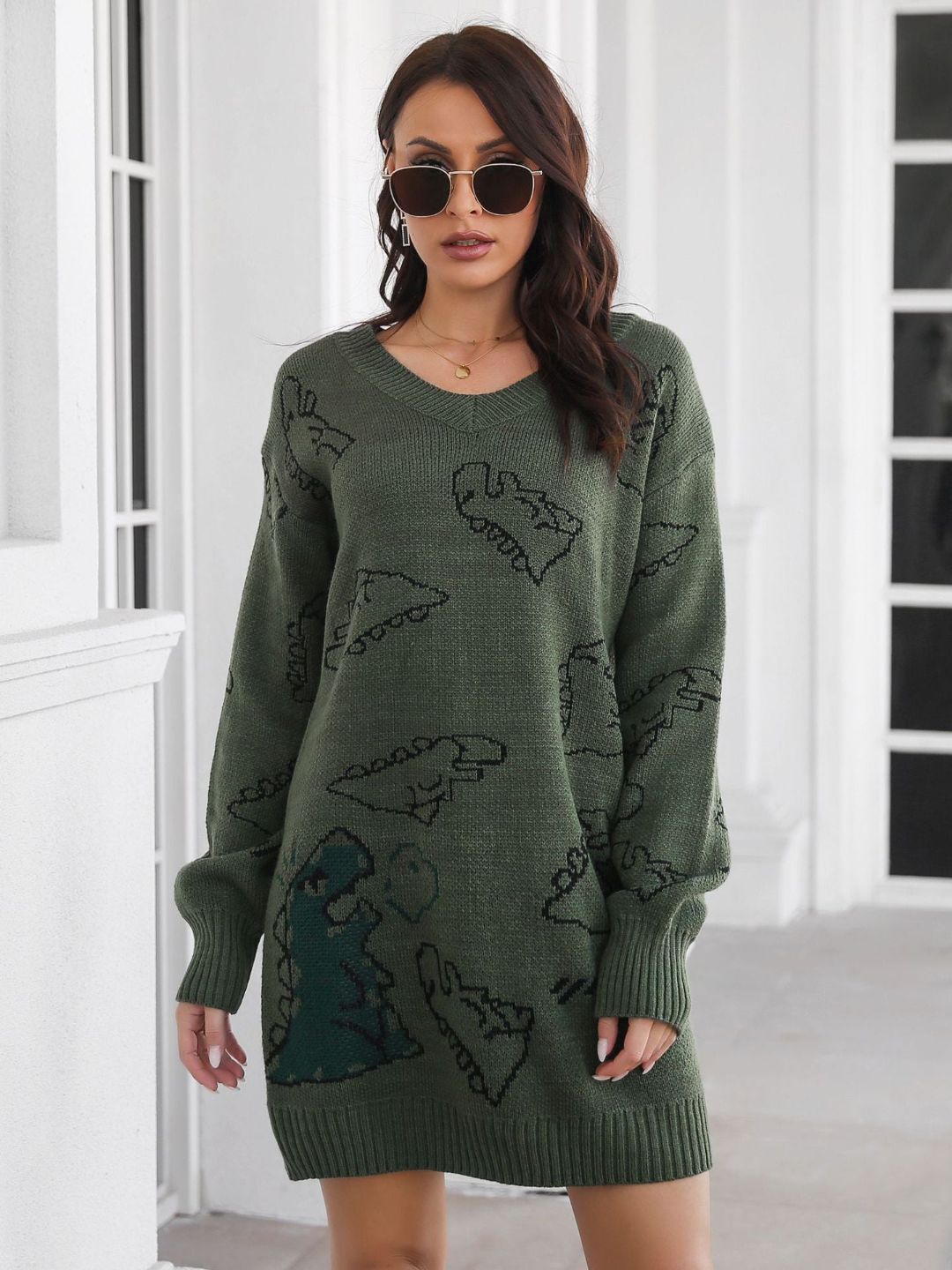 Cute Dinosaur Cartoon Jacquard V-Neck Long Sleeves Sweater Dress