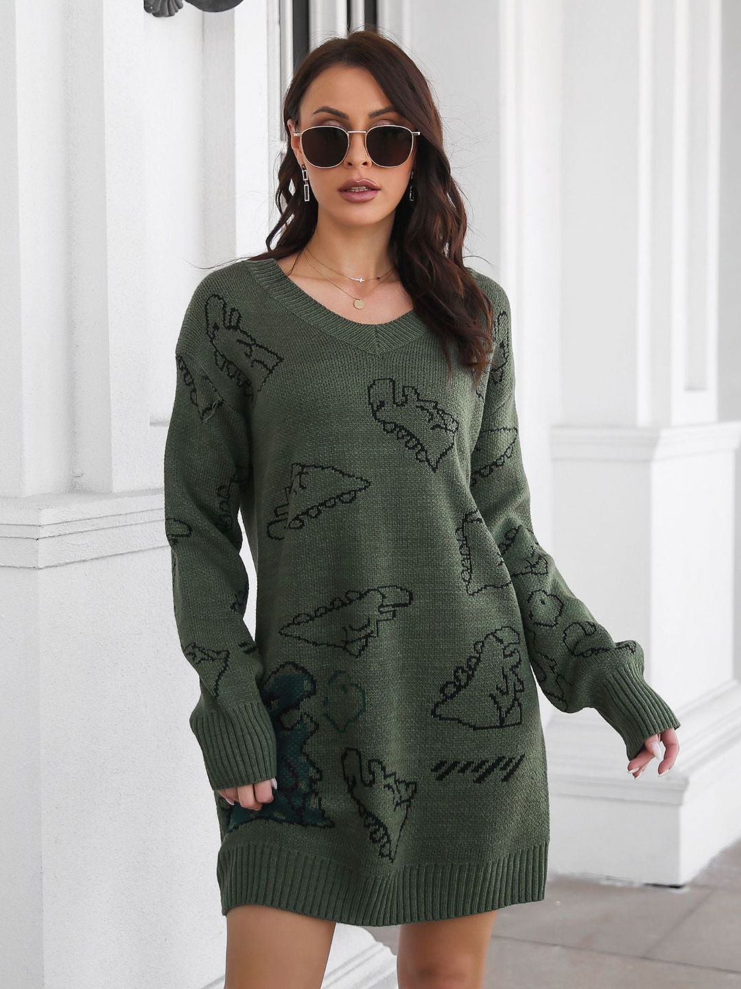 Cute Dinosaur Cartoon Jacquard V-Neck Long Sleeves Sweater Dress