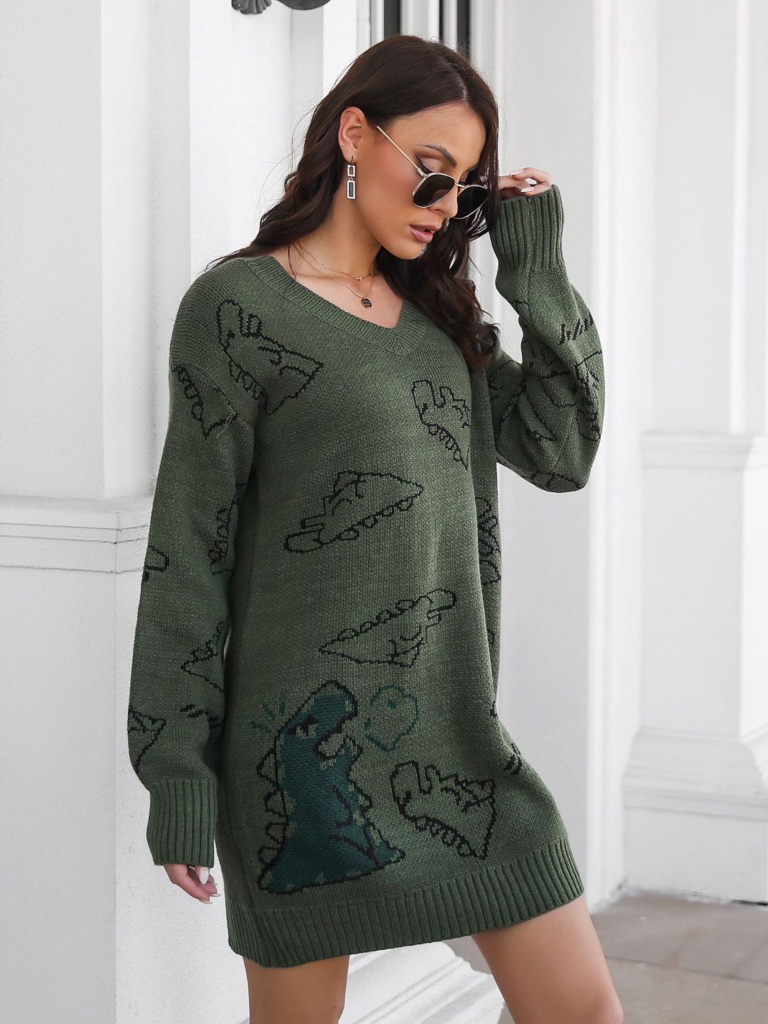 Cute Dinosaur Cartoon Jacquard V-Neck Long Sleeves Sweater Dress