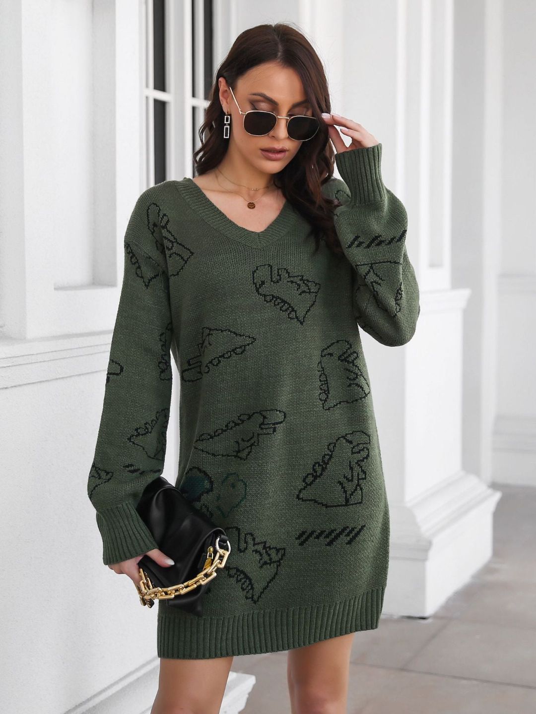 Cute Dinosaur Cartoon Jacquard V-Neck Long Sleeves Sweater Dress