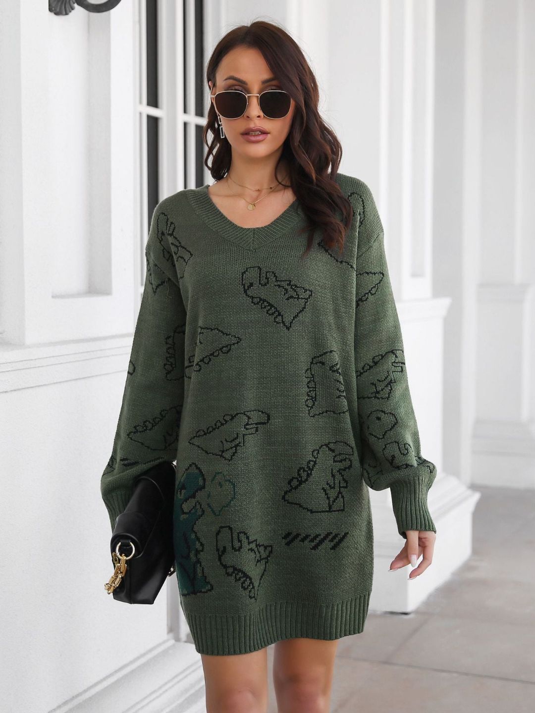 Cute Dinosaur Cartoon Jacquard V-Neck Long Sleeves Sweater Dress