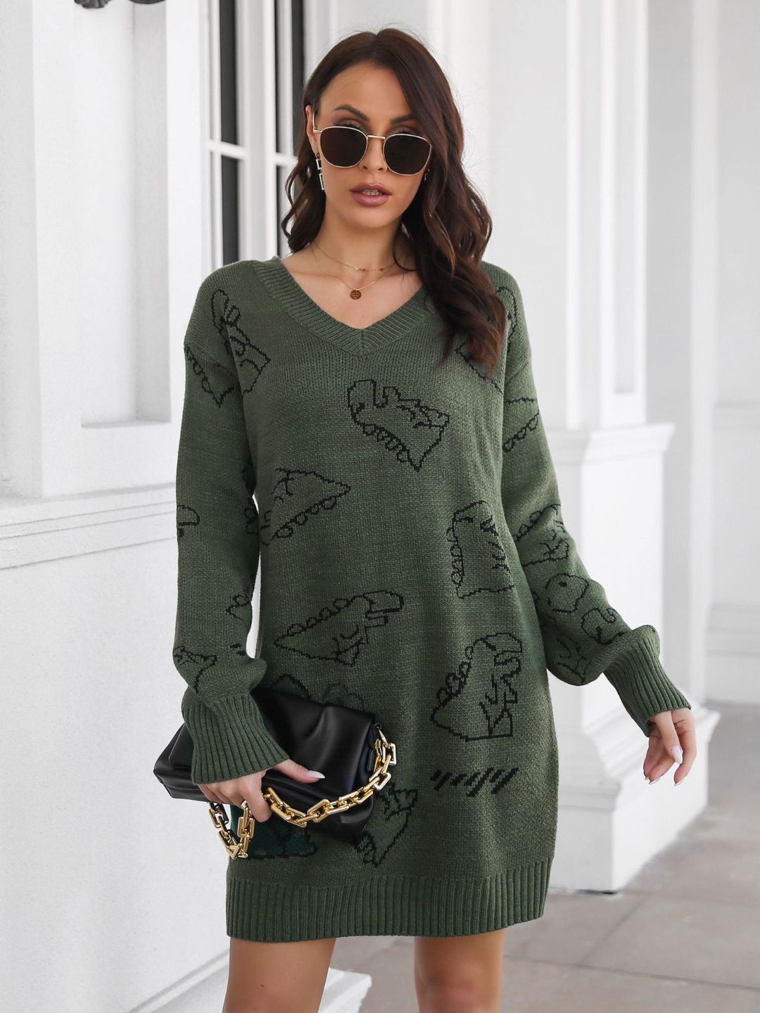 Cute Dinosaur Cartoon Jacquard V-Neck Long Sleeves Sweater Dress