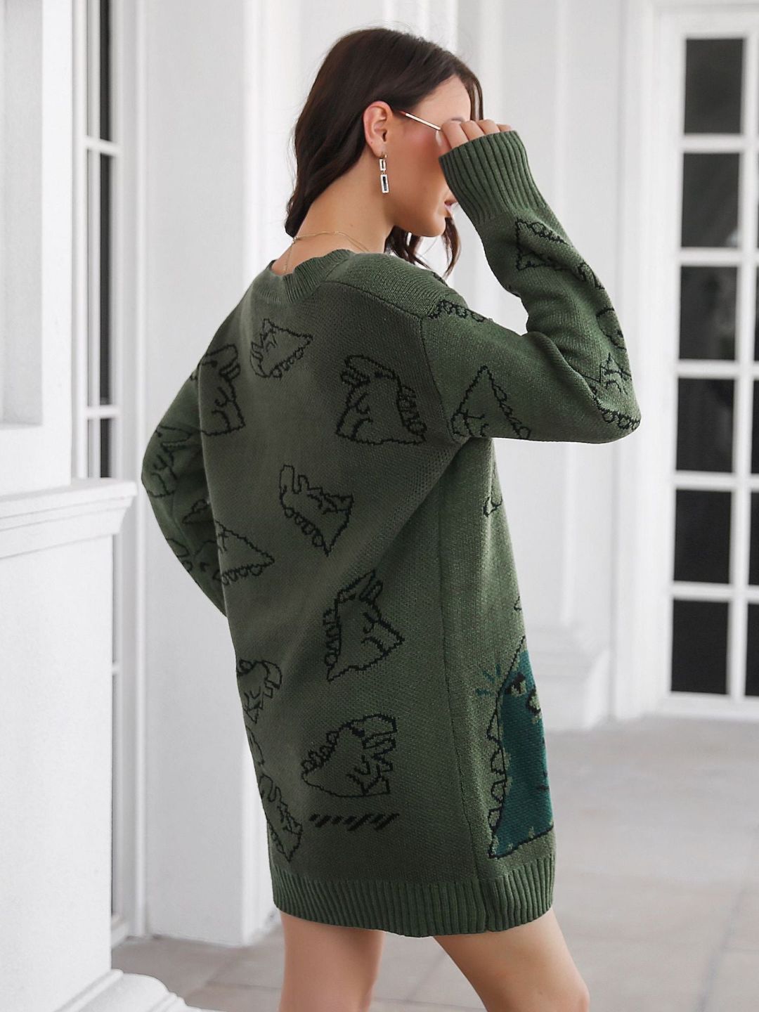 Cute Dinosaur Cartoon Jacquard V-Neck Long Sleeves Sweater Dress
