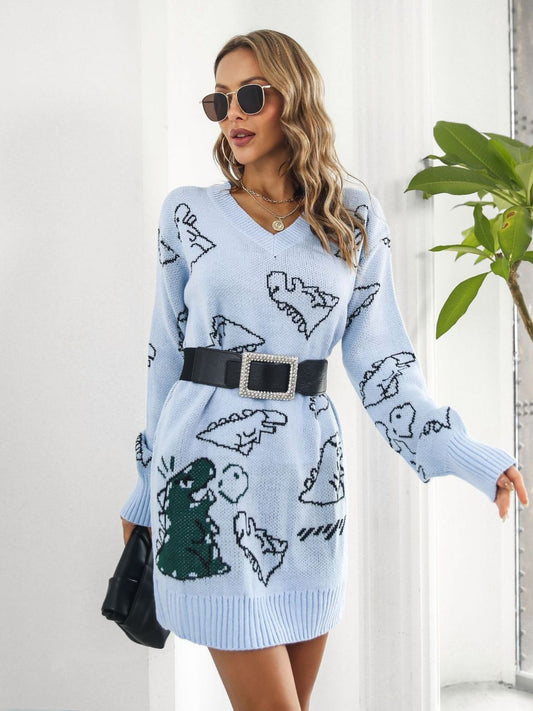 Cute Dinosaur Cartoon Jacquard V-Neck Long Sleeves Sweater Dress