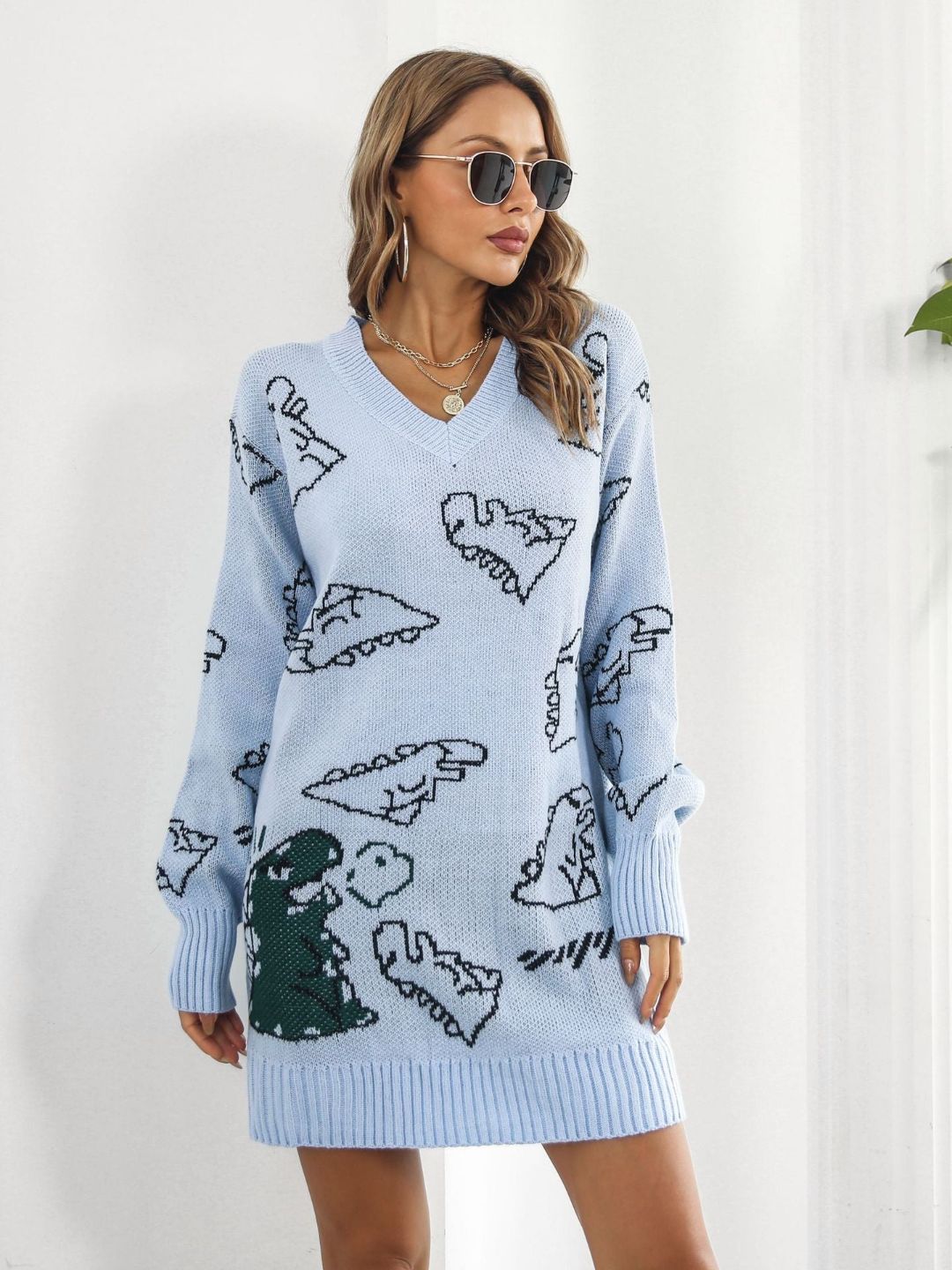 Cute Dinosaur Cartoon Jacquard V-Neck Long Sleeves Sweater Dress