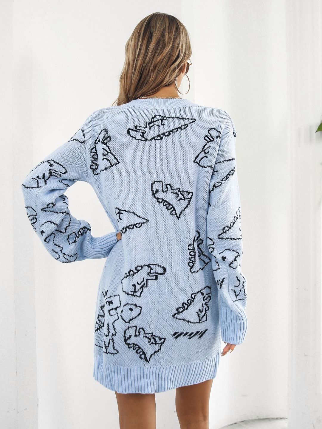 Cute Dinosaur Cartoon Jacquard V-Neck Long Sleeves Sweater Dress