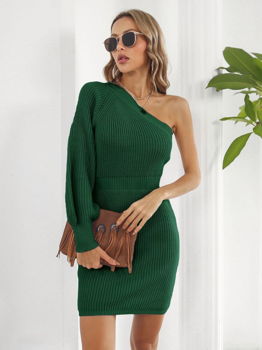 One Shoulder Waisted Sweater Dress