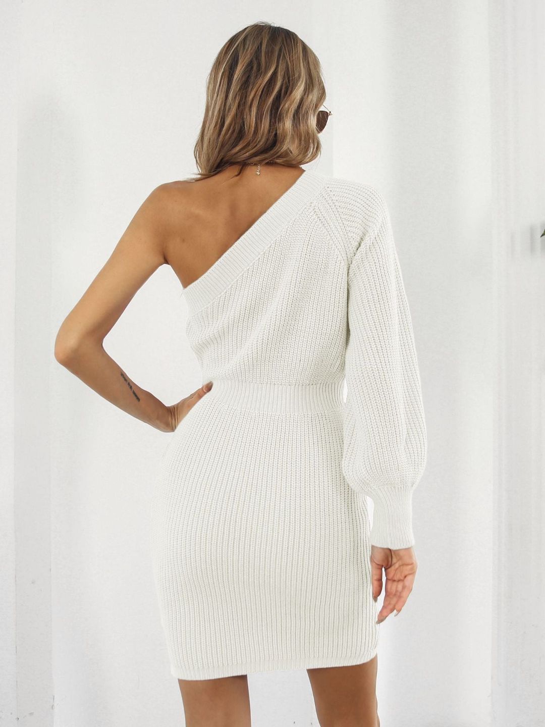 One Shoulder Waisted Sweater Dress