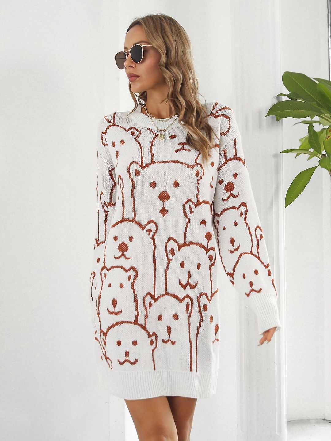 Bear Jacquard Long Sleeves Sweater Dress