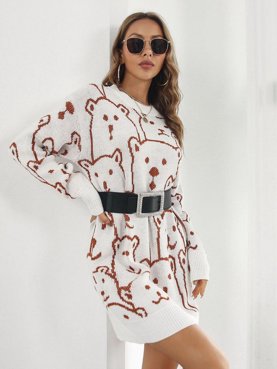 Bear Jacquard Long Sleeves Sweater Dress