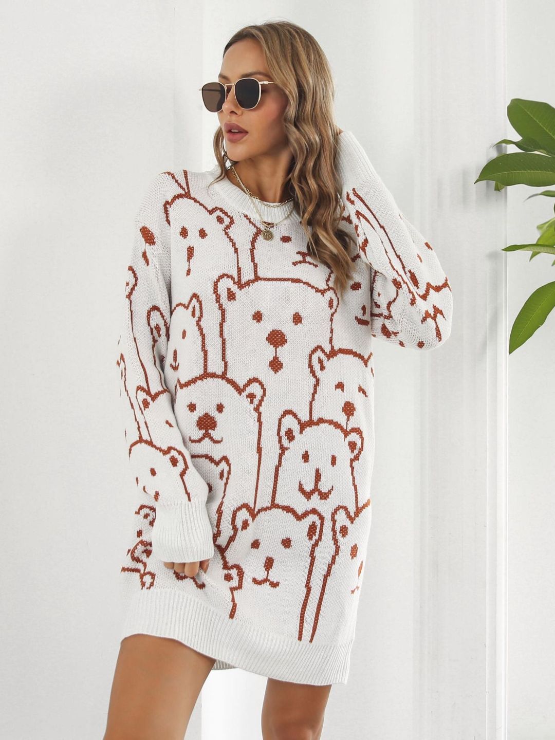 Bear Jacquard Long Sleeves Sweater Dress