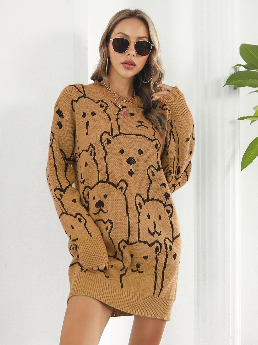 Bear Jacquard Long Sleeves Sweater Dress
