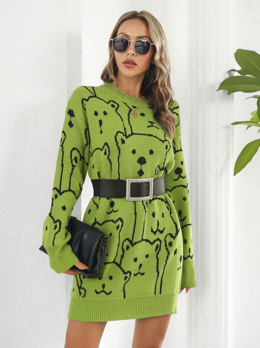Bear Jacquard Long Sleeves Sweater Dress