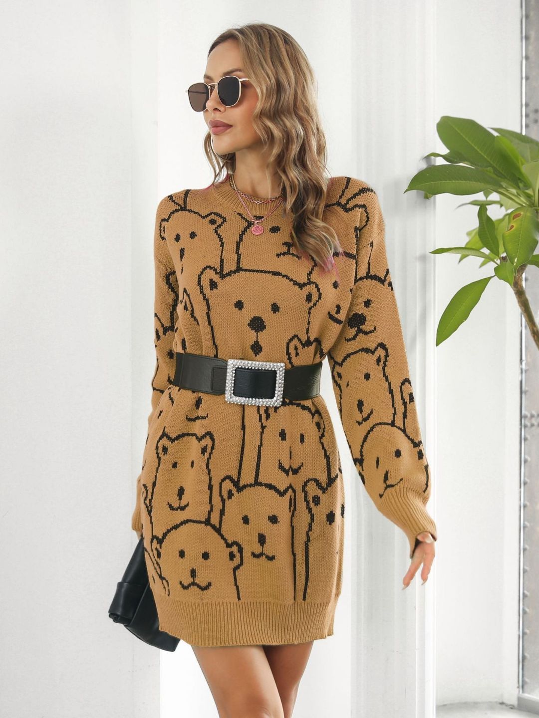 Bear Jacquard Long Sleeves Sweater Dress