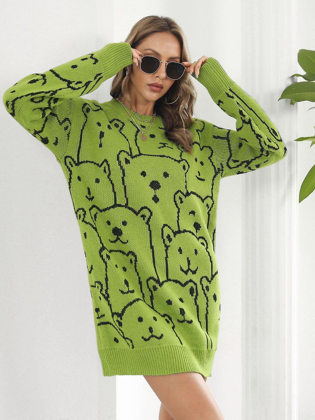 Bear Jacquard Long Sleeves Sweater Dress