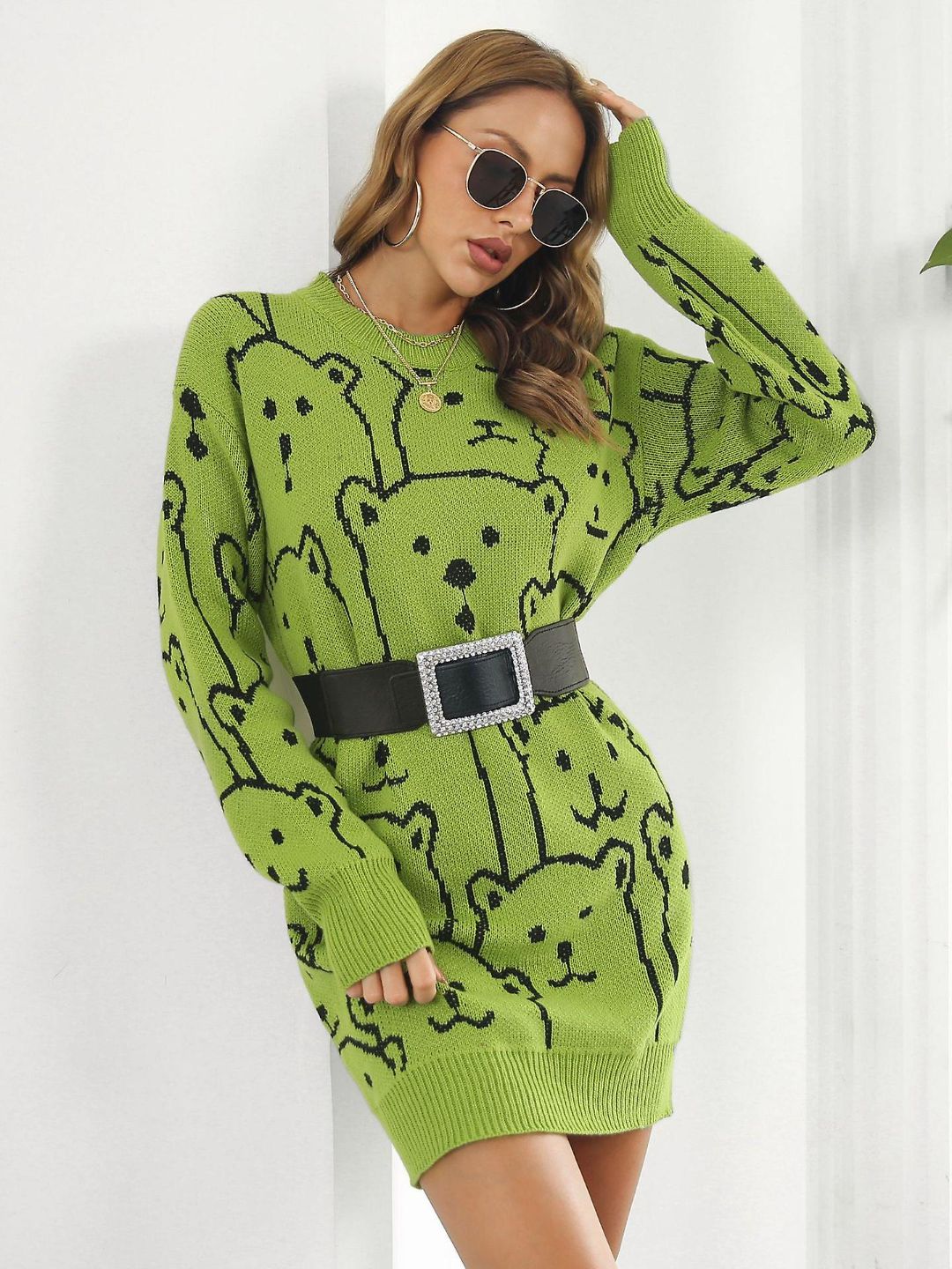 Bear Jacquard Long Sleeves Sweater Dress