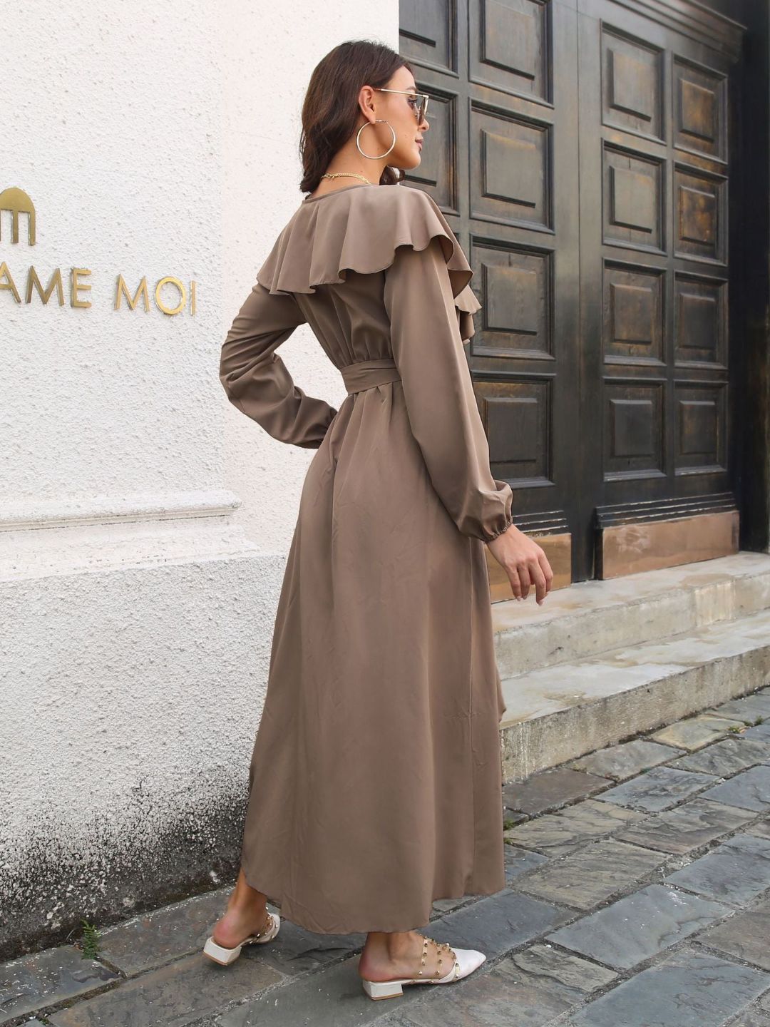 Ruffled V-Neck Long Sleeves Dress