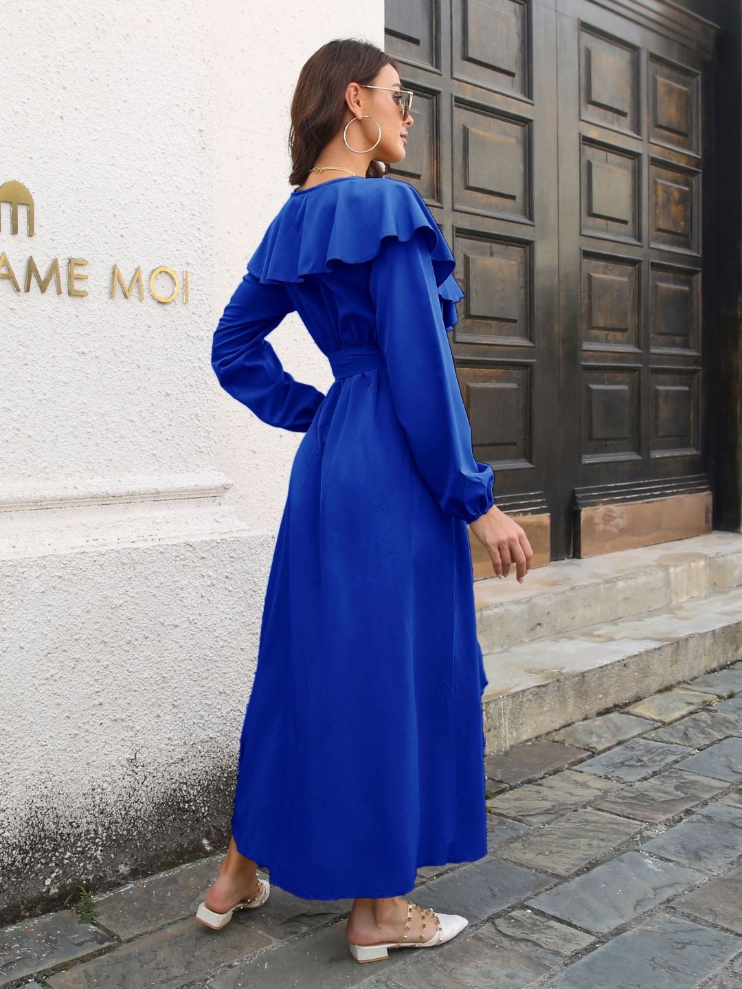 Ruffled V-Neck Long Sleeves Dress