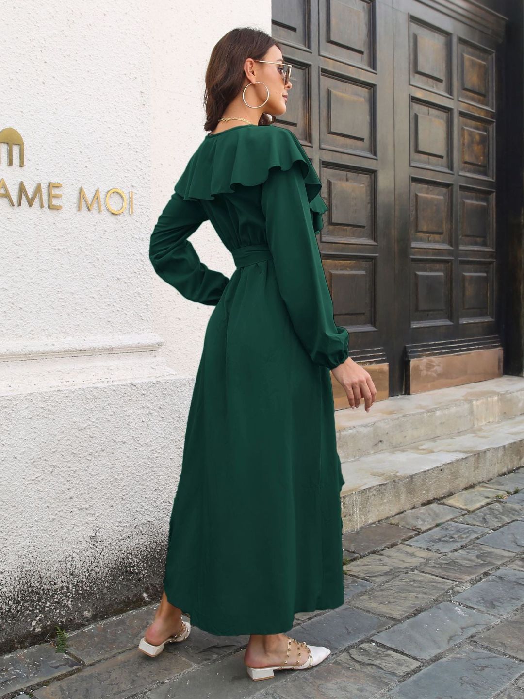 Ruffled V-Neck Long Sleeves Dress