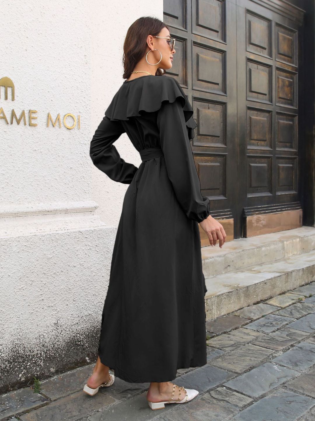 Ruffled V-Neck Long Sleeves Dress