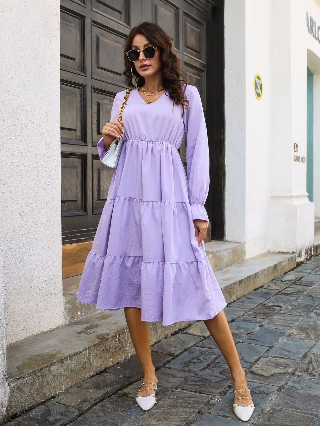 Bamboo Linen Trumpet Sleeves V-Neck Layehem Dress