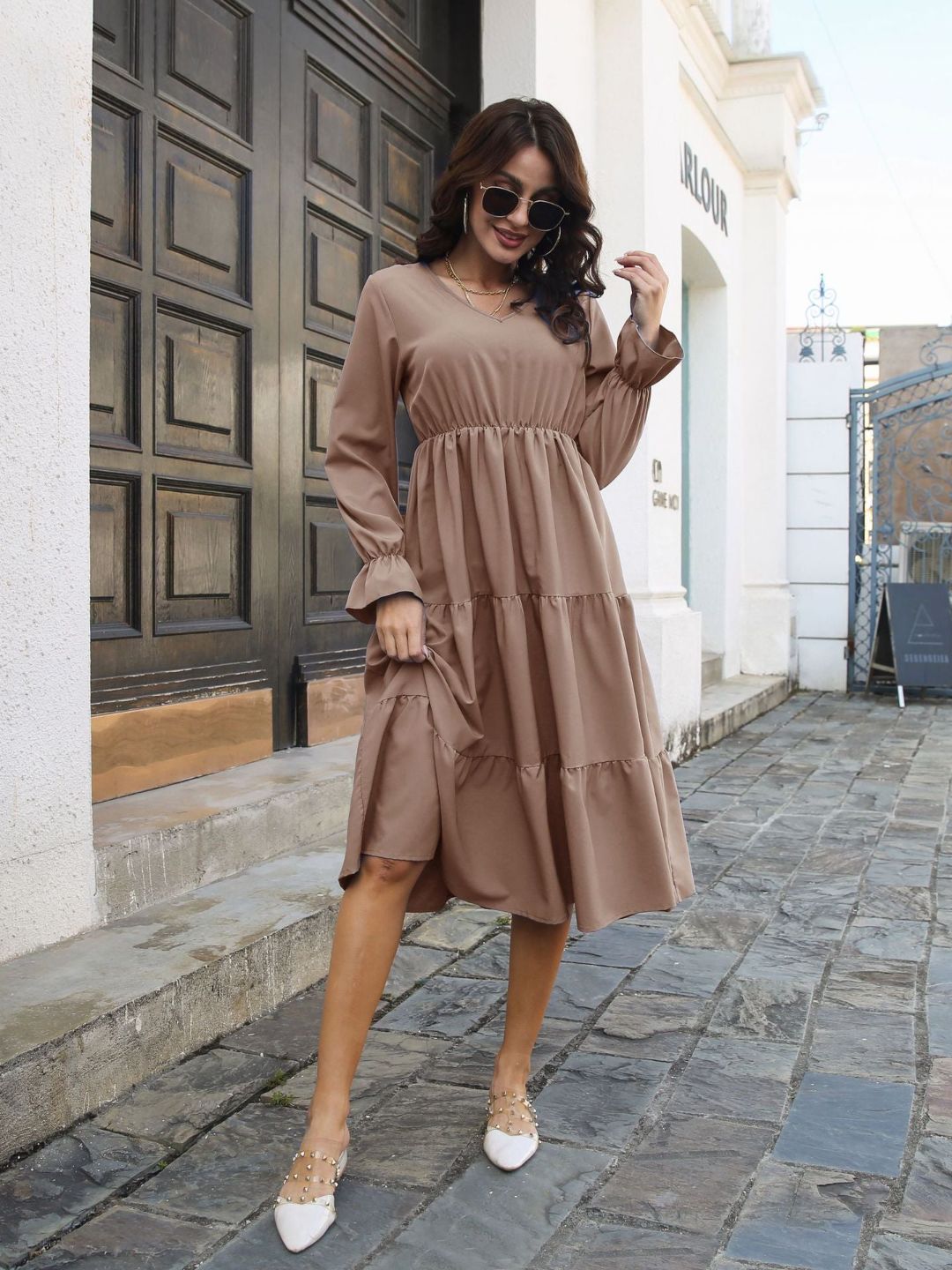 Trumpet Long Sleeves V-Neck Layedress