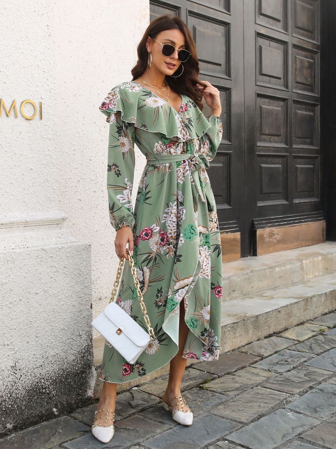 Floral Ruffle Collar Lantern Sleeves Dress